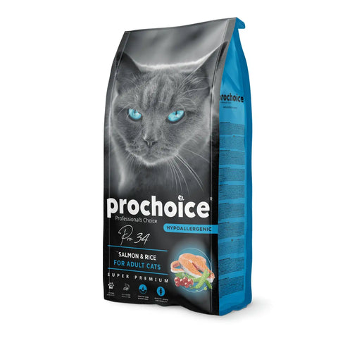 Image of Prochoice Pro34 Hypoallergenic Adult Cat Food – salmon & rice kibble with prebiotics and omegas for sensitive adult cats