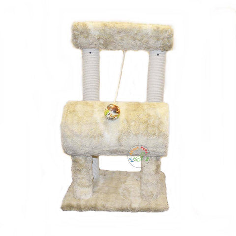 Image of plush beige cat tree with round cylinder, 4 Poles & Curve Top available in Pakistan at allaboutpets.pk