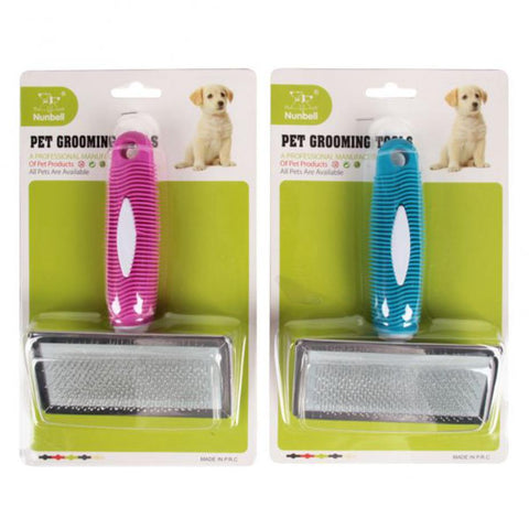 Image of Nunbell Slicker Brush for Cats & Dogs blue and green Color, Durable & Soft. Easy grip handle for safe and comfortable grooming.  Removes loose fur & leaves a clean & shiny coat.  Stimulate skin & hair follicles.  Massaging palm brush. Suitable for Dogs & Cats available at allaboutpets.pk in pakistan.