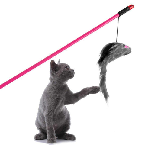 Image of Cat Toys Wand Catcher Interactive Teaser Stick Pet With Mouse grey color available at allaboutpets.pk in pakistan