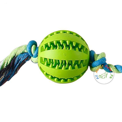 Image of green Rubber Treat Ball with Rope for dogs available at allaboutpets.pk in Pakistan