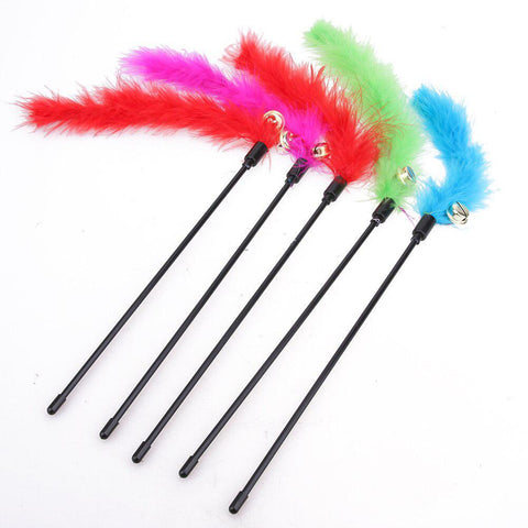 Image of Cat furry play sticks teaser toy with a feather in assorted colors available at allaboutpets.pk in Pakistan