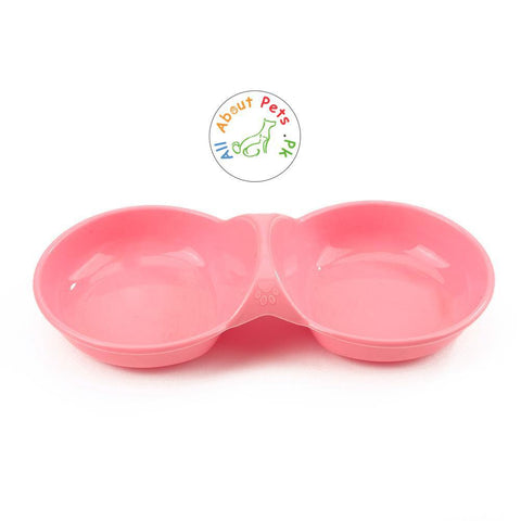 Image of Dog Cat Feeding Double Bowl plastic, Puppy Food Water Feeder, Pets Drinking Feeding Dish pink color available at allaboutpets.pk in Pakistan
