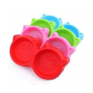 Cat Face Plastic Pet feeding Double Bowl red, blue, pink and green colors available at allaboutpets.pk