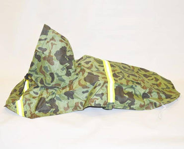 Camouflage Dog Rain Coat With Reflective Strip, This cool coat features: - Durable waterproof material - Light reflecting piping around the edges - Pocket for the poo bags - Comfortable hood - Small opening on the back for leash clasp - Breathable mesh lining Care instructions: - Wash gently - Does not fade after washing available at allaboutpets.pk in pakistan 