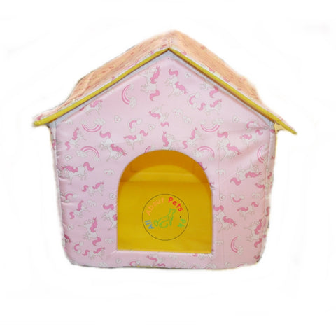 Image of Beautiful Soft Cat House With pink unicorns & rainbow print, soft cat bed available at allaboutpets.pk in pakistan.