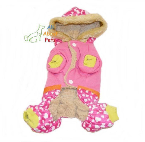 Image of Small Dog Fleece Winter Coat With Heart Prints Pink Color, Hooded Jumpsuit All Cover Bodysuit available online at allaboutpets.pk in pakistan