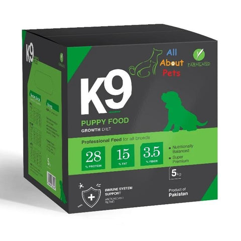Image of K9 puppy food, maxi starter, puppy starter Food, german shepherd food, rottweiler food, shihtzu food, pug food, Labrador food 5kg, product of farmland available at allaboutpets.pk  in Pakistan.