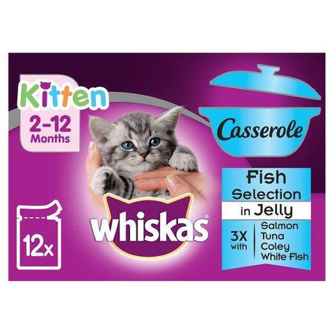 Image of Whiskas Kitten 12 Pack Casserole Fish Selection Jelly 85g, with salmon, tuna, coley and white fish flavors available at allaboutpets.pk