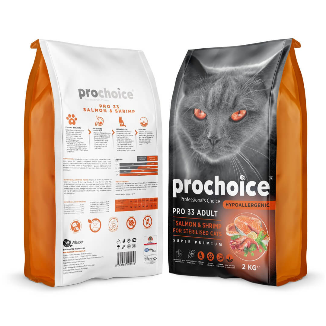 Prochoice Pro33 Adult Cat Food – salmon & shrimp kibble for sterilized cats