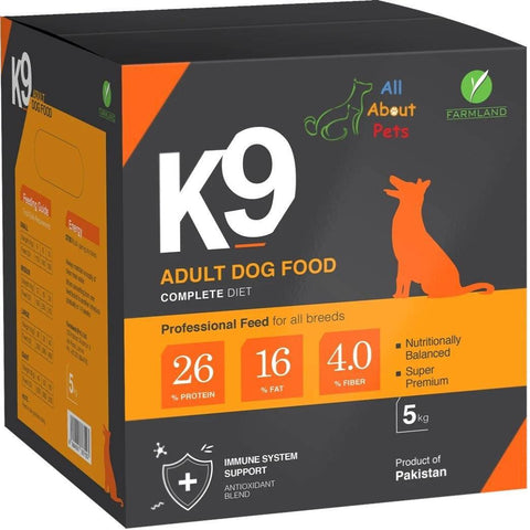 Image of K9 Adult Dog Food 5kg ,product of farmland, german shepherd food, rottweiler food, shihtzu food, pug food, Labrador food, available at allaboutpets.pk  in pakistan.