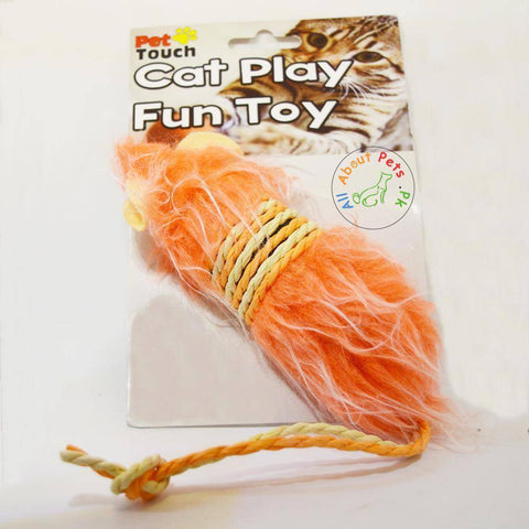 Image of Cat Toy Mouse With Fur & Rope orange color available in Pakistan at allaboutpets.pk