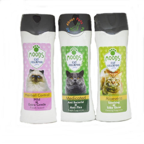Moods Cat Shampoo 220ml Hair Ball Control (Mild & Extra Gentle) , Medicated (Antibecterial & Anti Flea), Alovera (Soothing & Silky Show) available in Pakistan at allaboutpets.pk