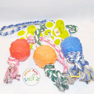 Puppy Teether Rope Toy With red, blue & orange Plastic Balls bone print available at allaboutpets.pk in Pakistan