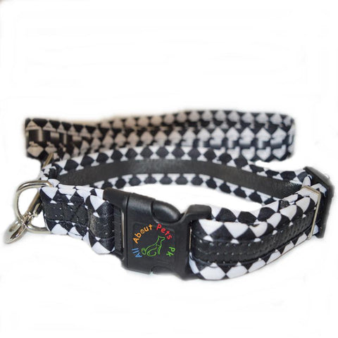 Image of Diamond Print Collar & Leash Set For Dogs black and white color available at allaboutpets.pk in Pakistan