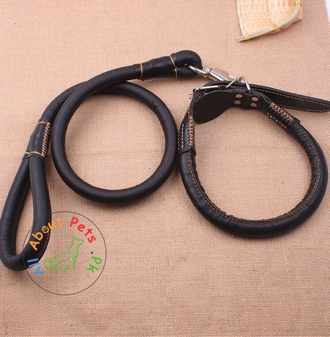 Image of Dog Leather Collar & Leash Round Dog Collar High Quality Sewing Strong Dog Leather Leash black color available at allaboutpets.pk in Pakistan 