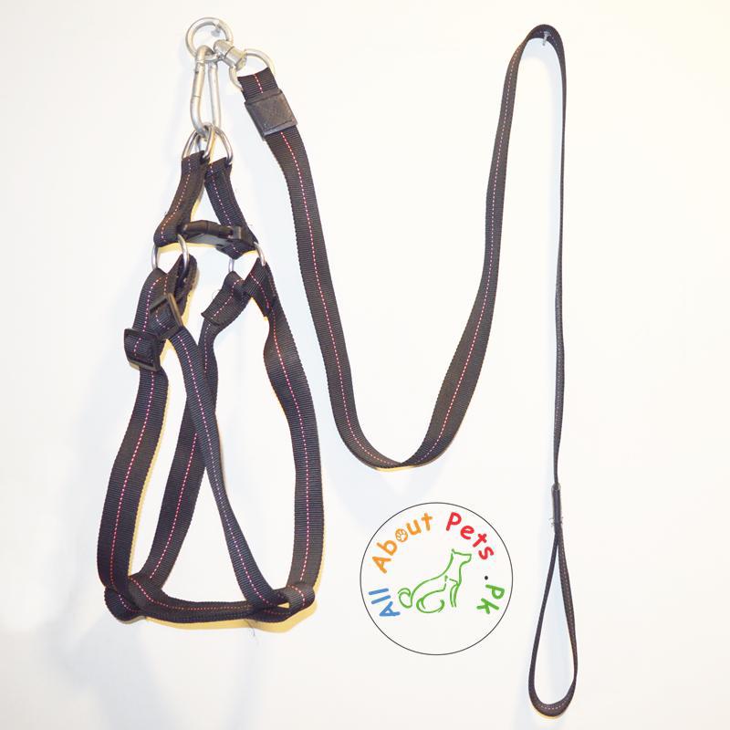 Heavy Nylon Duty Harness & Leash set with pink stripe available at allaboutpets.pk