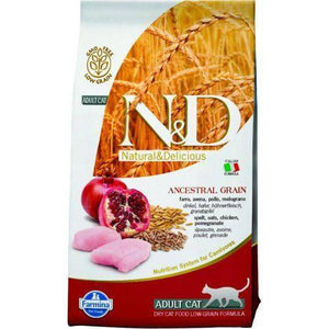 Farmina N&D Low Grain Feline Chicken & Pomigranate Adult 1.5kg and 5kg available at allaboutpets.pk in pakistan.