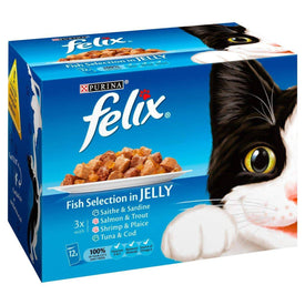 Cat jelly food, cat wet food Felix Fish Selection in Jelly Pouch 12 x 100g with saithe & sardine, salmon & tuna, shrimp & plaice, tuna & cod available at allaboutpets.pk in pakistan