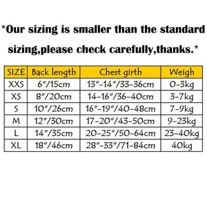 Dog Life Jacket size chart available at allaboutpets.pk in pakistan