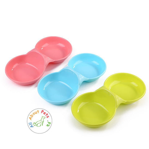 Image of Dog Cat Feeding Double Bowl plastic, Puppy Food Water Feeder, Pets Drinking Feeding Dishes pink, blue and green color available at allaboutpets.pk in Pakistan