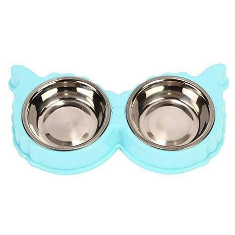 Image of Stainless Steel Owl Shape Double Bowl Dog Cat Feeder blue color available at allaboutpets.pk in Pakistan