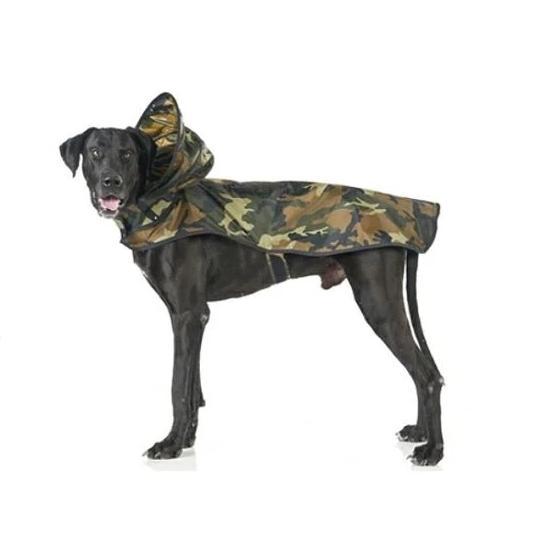 Camouflage Dog Rain Coat With Reflective Strip, This cool coat features: - Durable waterproof material - Light reflecting piping around the edges - Pocket for the poo bags - Comfortable hood - Small opening on the back for leash clasp - Breathable mesh lining Care instructions: - Wash gently - Does not fade after washing available at allaboutpets.pk in pakistan 