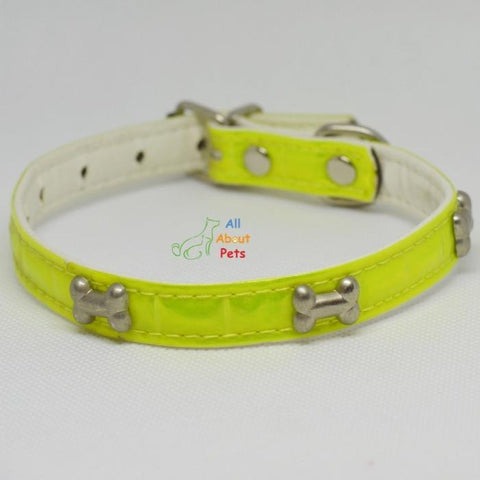 Image of bone shape Studded Reflective Collars for Small Dogs green and yellow color available at allaboutpets.pk in pakistan.
