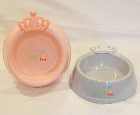 Image of king and queen shape pink color pet feeding bowl, grey color cat feeding bowl available at allaboutpets.pk in pakistan.