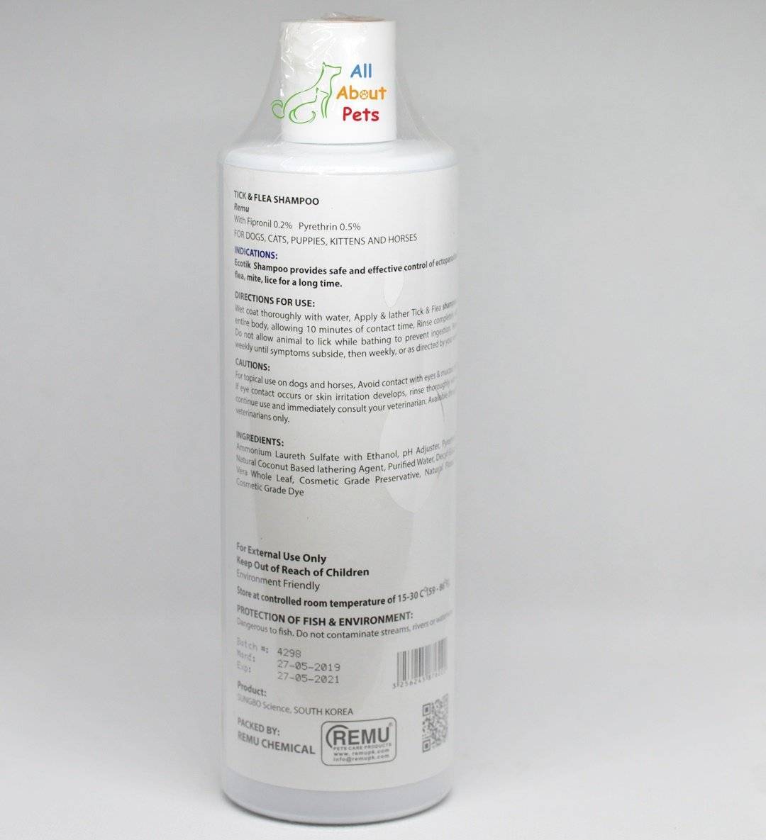 Remu Ecotik Tick & Fleas Shampoo for Dogs, Cats & Horses, Persian cat shampoo available at allaboutpets.pk in pakistan.