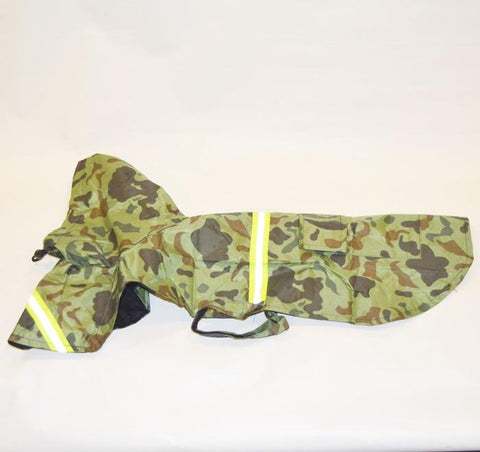 Camouflage Dog Rain Coat With Reflective Strip, This cool coat features: - Durable waterproof material - Light reflecting piping around the edges - Pocket for the poo bags - Comfortable hood - Small opening on the back for leash clasp - Breathable mesh lining Care instructions: - Wash gently - Does not fade after washing available at allaboutpets.pk in pakistan 