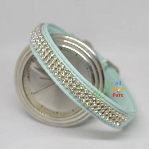 Image of Soft leather Dog collar & leash turquoise color bling diamante available at allaboutpets.pk in pakistan