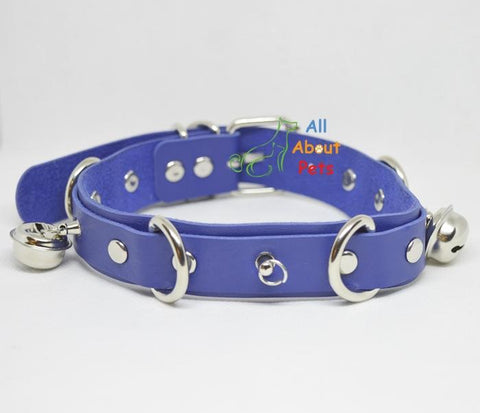 Image of blue leather studded dog collar With Bells available at allaboutpets.pk in pakistan