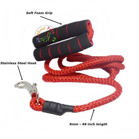 Image of Dog Leash Rope red 9mm with soft foam grip 58"  available at allaboutpets.pk in pakistan.