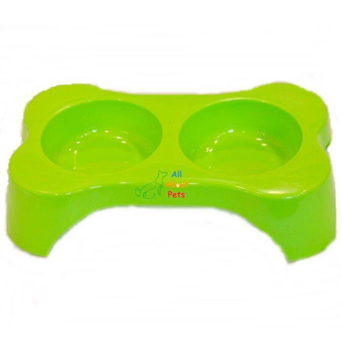 Dog Bone Shape Double Bowl, cat feeding bowl, dog feeding bowl, green pet feeding bowl available at allaboutpets.pk in pakistan.