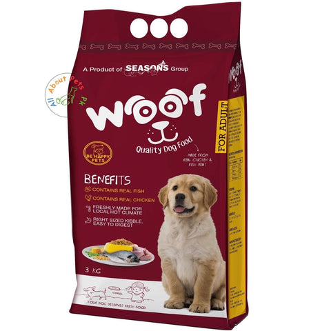 Woof Dog Food Be Happy Pet 3kg, product of seasons, menu dog food available at allaboutpets.pk in pakistan.