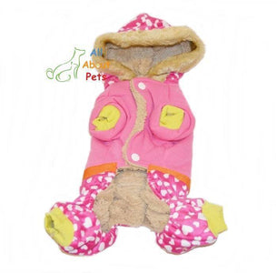 Small Dog Fleece Winter Coat With Heart Prints Pink Color, Hooded Jumpsuit All Cover Bodysuit available online at allaboutpets.pk in pakistan