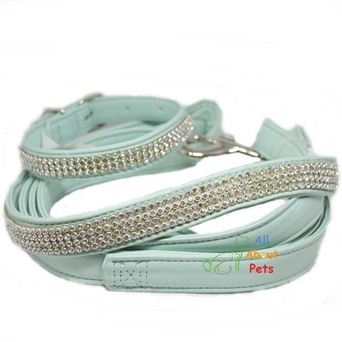 Image of jewelry Soft leather Dog collar and leash turquoise color bling diamante available at allaboutpets.pk in pakistan