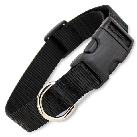 Image of Black dog Collar nylon adjustable. Fully adjustable, with a welded steel D-ring and heavy duty side release clasp. Adjusts from 14-24 inches. 1.25 inch width. 100% heavy duty nylon collar available at allaboutpets.pk in pakistan.