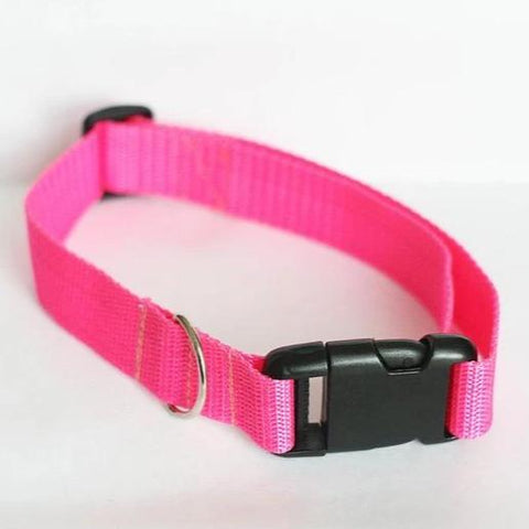 Image of Pink dog Collar nylon adjustable. Fully adjustable, with a welded steel D-ring and heavy duty side release clasp. Adjusts from 14-24 inches. 1.25 inch width. 100% heavy duty nylon collar available at allaboutpets.pk in pakistan.