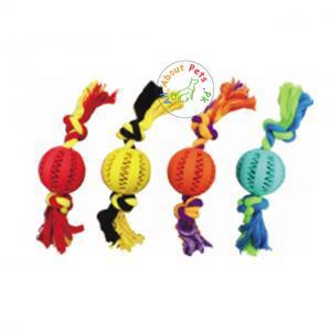 Image of green, yellow, orange and red Rubber Treat Ball with Rope for dogs available at allaboutpets.pk in Pakistan