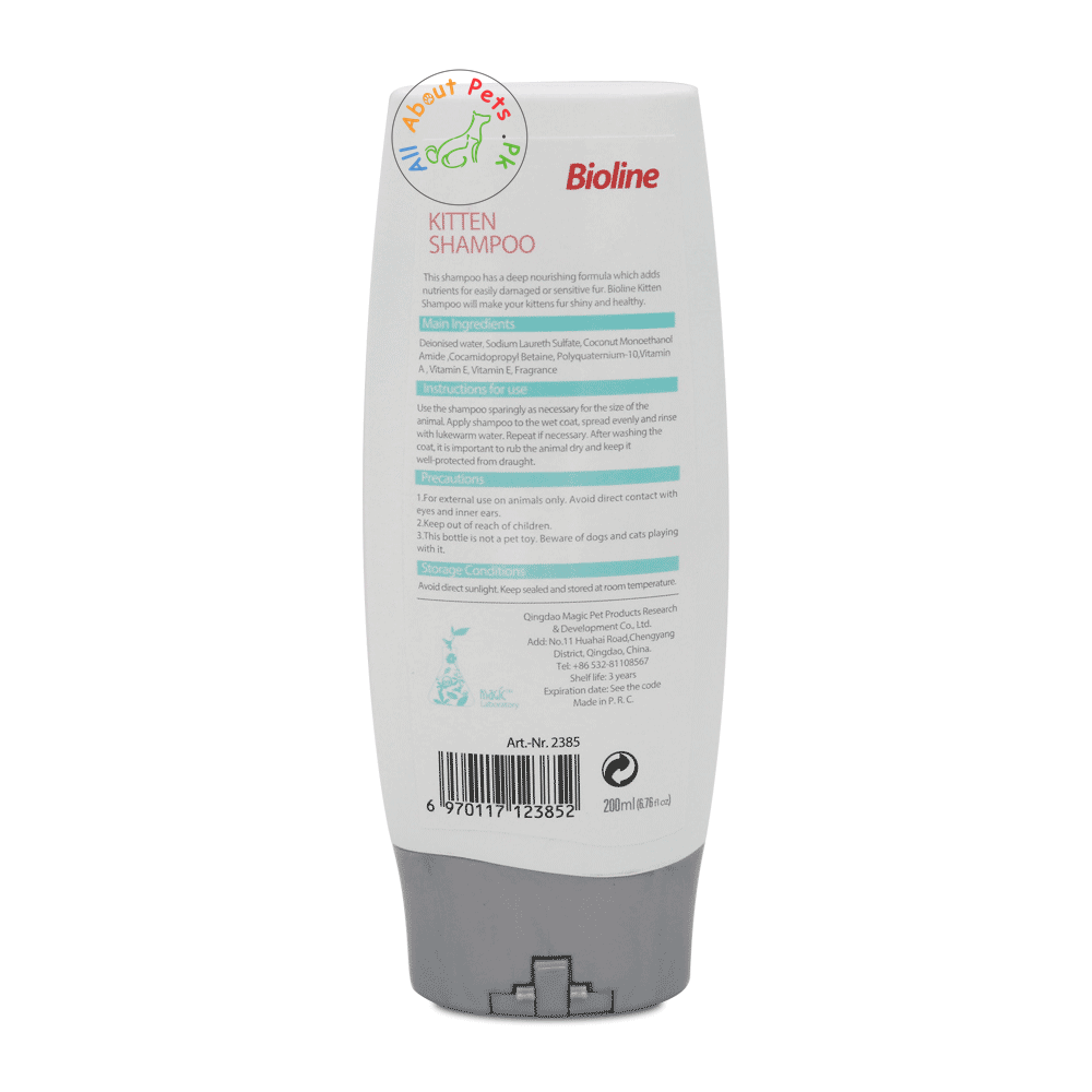 Bioline Kitten Shampoo 200ml persian kitten shampoo mild for sensitive skin, ingredients and instructions available at allaboutpets.pk