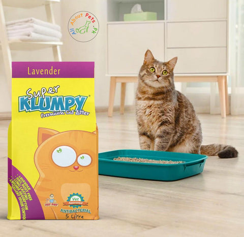 Image of introducing Lavender Scented Super Klumpy Cat Litter in 5kg packing  available at allaboutpets.pk in pakistan