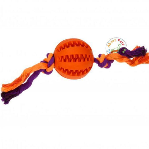 Image of orange Rubber Treat Ball, training ball with Rope for dogs available at allaboutpets.pk in Pakistan