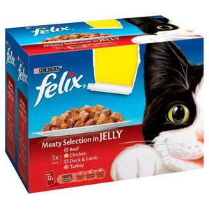 Cat jelly food, cat wet food Felix Meaty Selection in Jelly 100g x 12 Pouches with Beef, Chicken, Duck & Lamb and Turkey available at allaboutpets.pk in pakistan